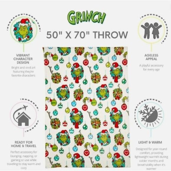 NWT The Grinch Oversized Silky Soft Plush Throw 50x70 Christmas Holiday Blanket - Picture 4 of 6
